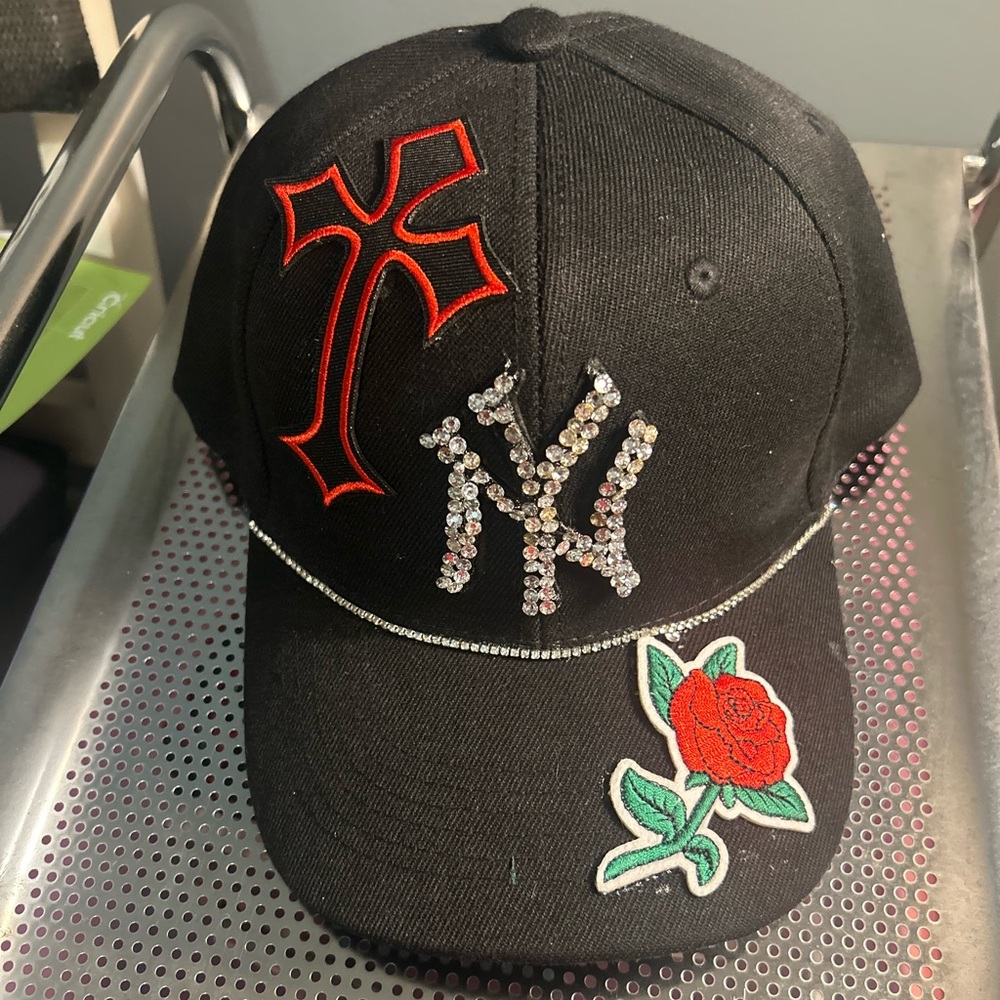Black Cap with Red Cross and Rose Embellishments